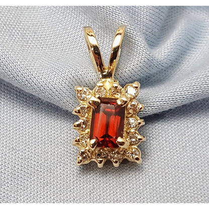 14K Solid Yellow Gold Square Garnet & Diamond Charm Pendant