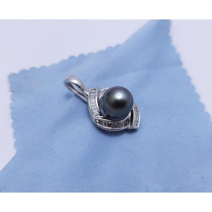 14K Solid White Gold Drop Dangle Tahitian Pearl & Diamond Charm Pendant