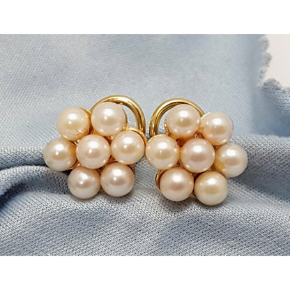 14K Yellow Gold Flower Pearl French Clip Earrings