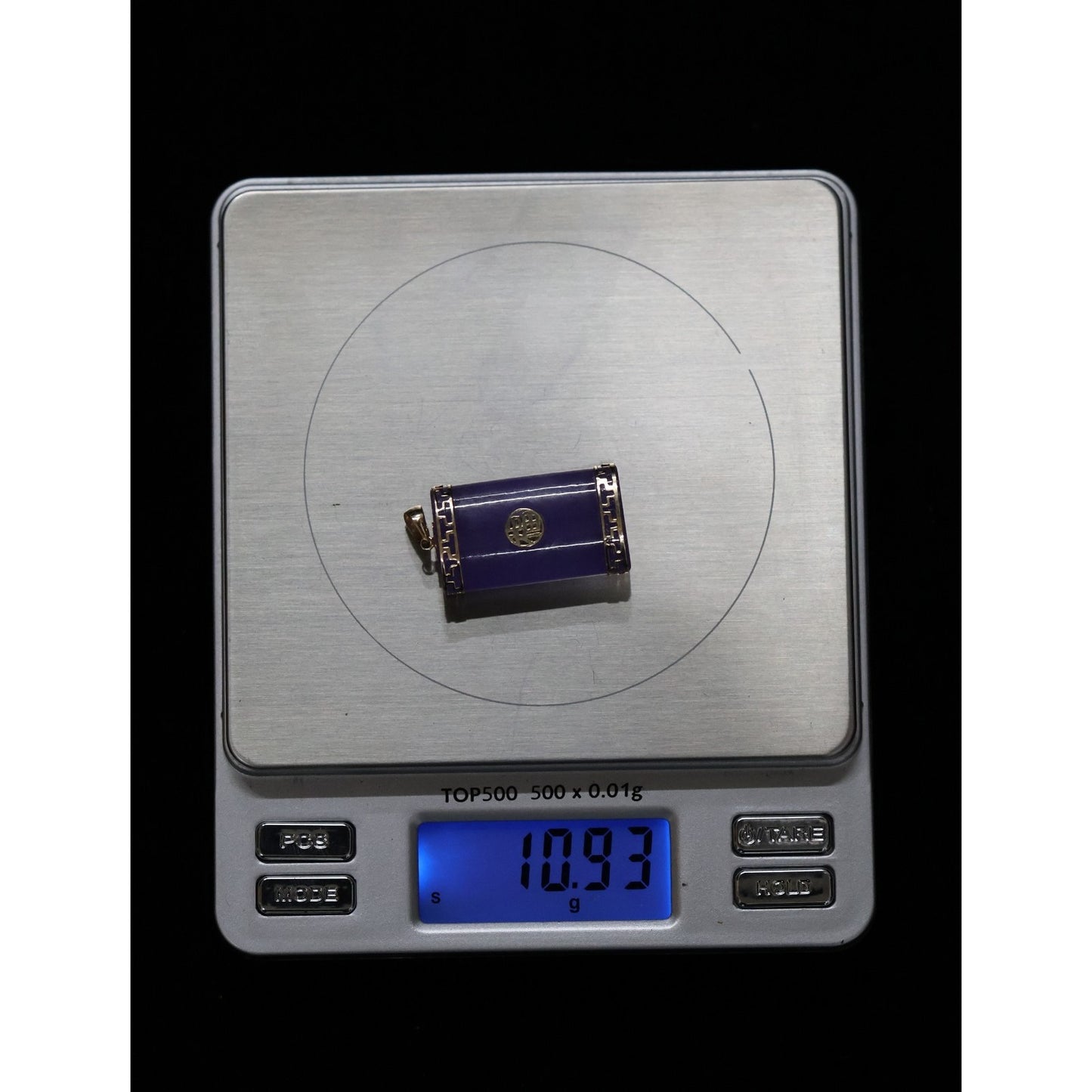 14K Yellow Gold Purple Lavender Jade Rectangular Good Fortune FU Charm Pendant