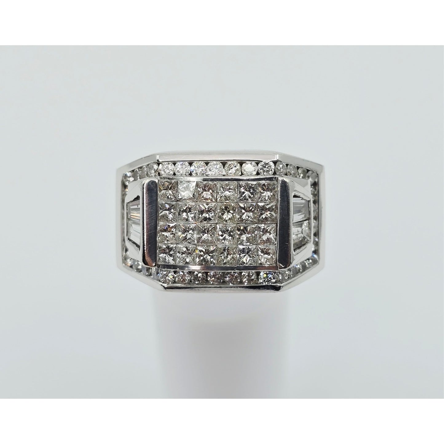 Large 14K White Gold Princess Cut Invisible Setting Diamond Men's Ring