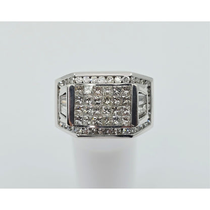 Large 14K White Gold Princess Cut Invisible Setting Diamond Men's Ring