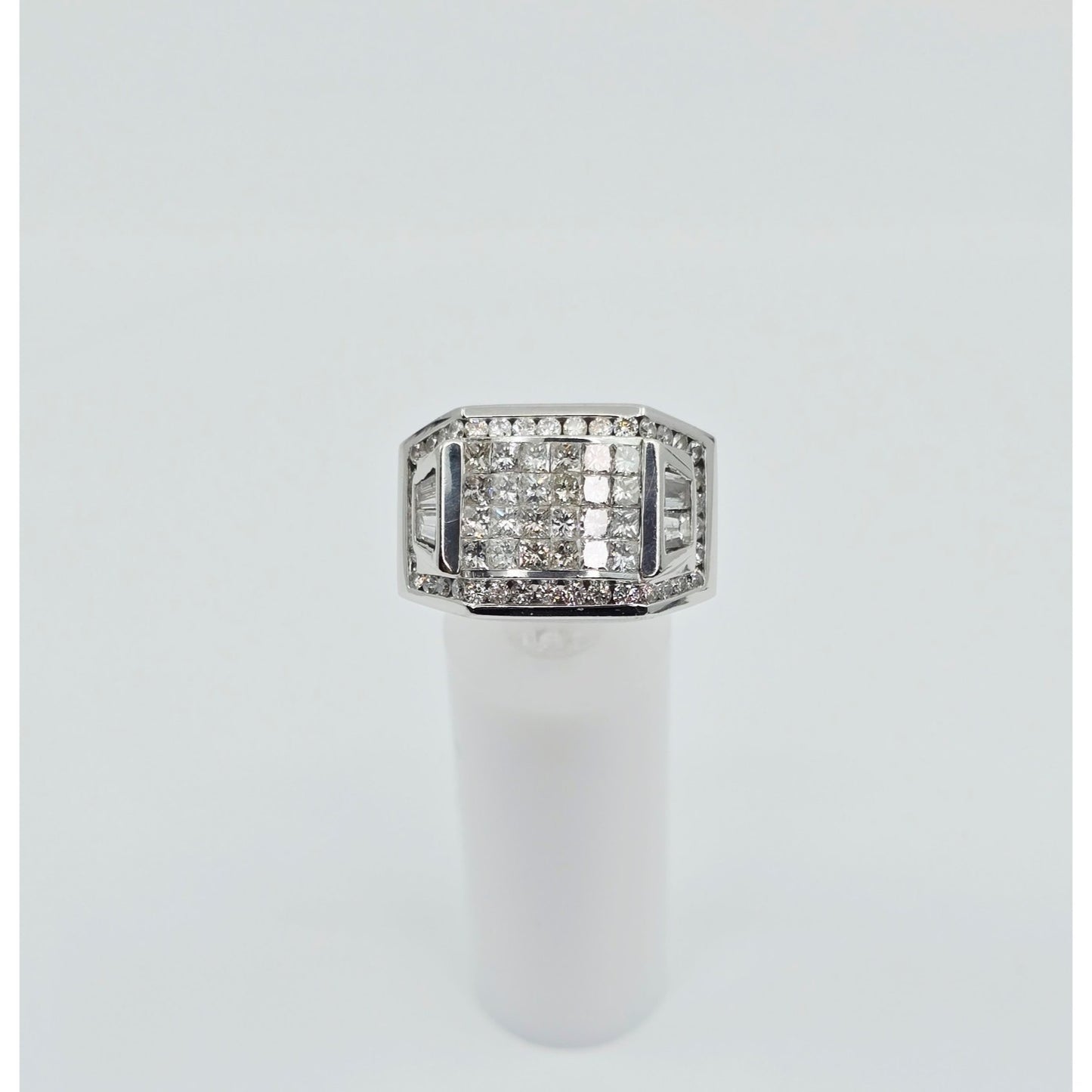 Large 14K White Gold Princess Cut Invisible Setting Diamond Men's Ring