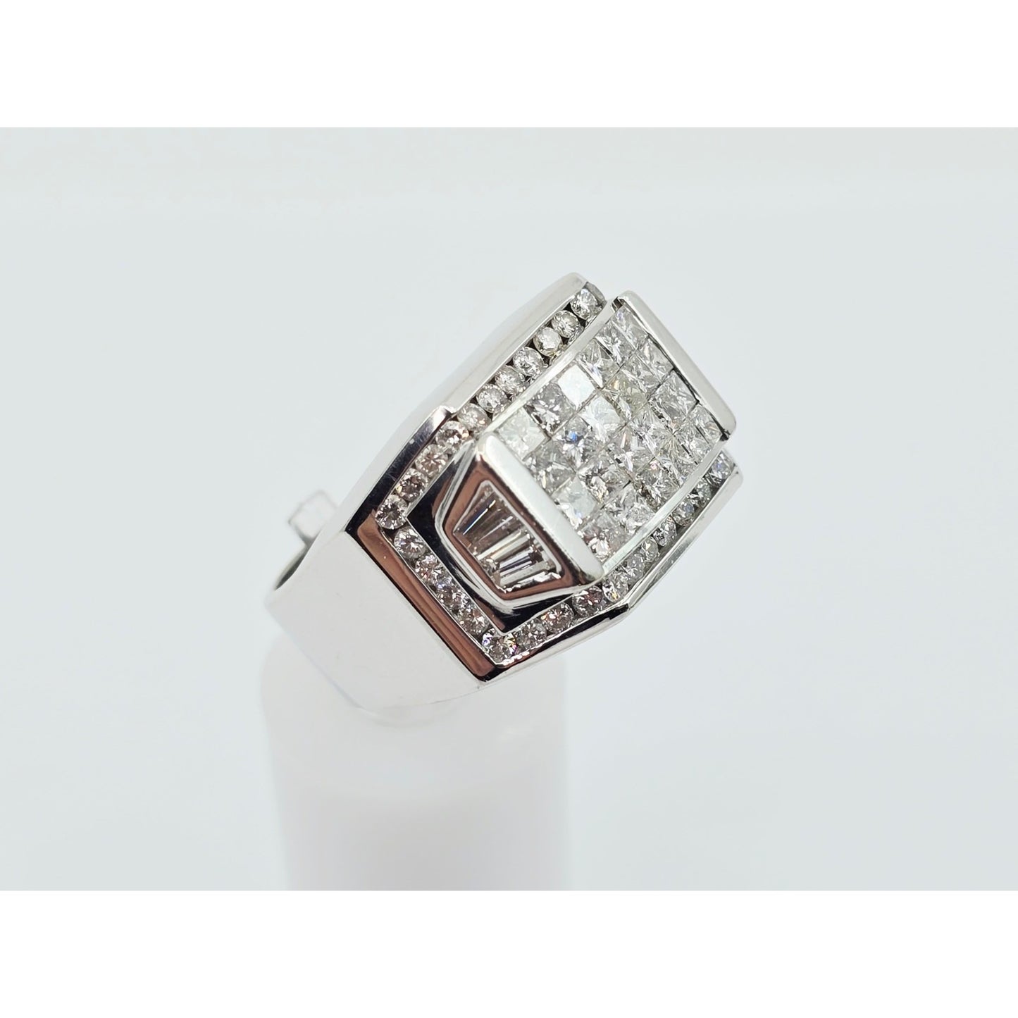 Large 14K White Gold Princess Cut Invisible Setting Diamond Men's Ring