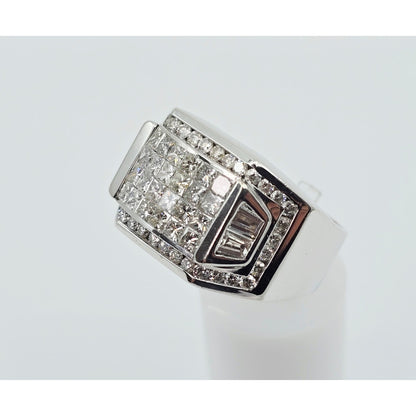 Large 14K White Gold Princess Cut Invisible Setting Diamond Men's Ring