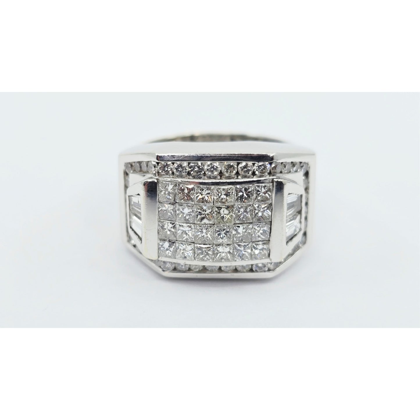 Large 14K White Gold Princess Cut Invisible Setting Diamond Men's Ring