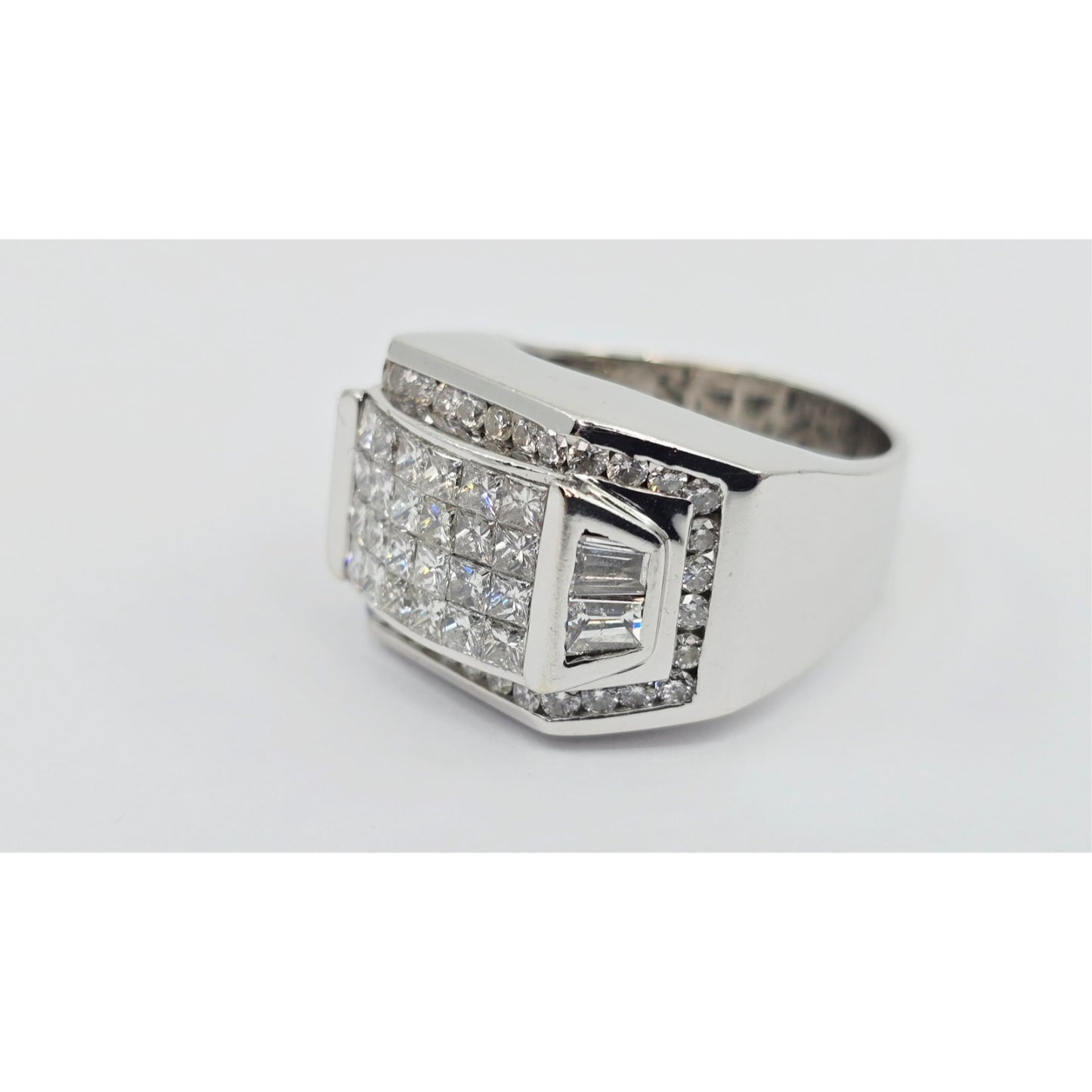 Large 14K White Gold Princess Cut Invisible Setting Diamond Men's Ring