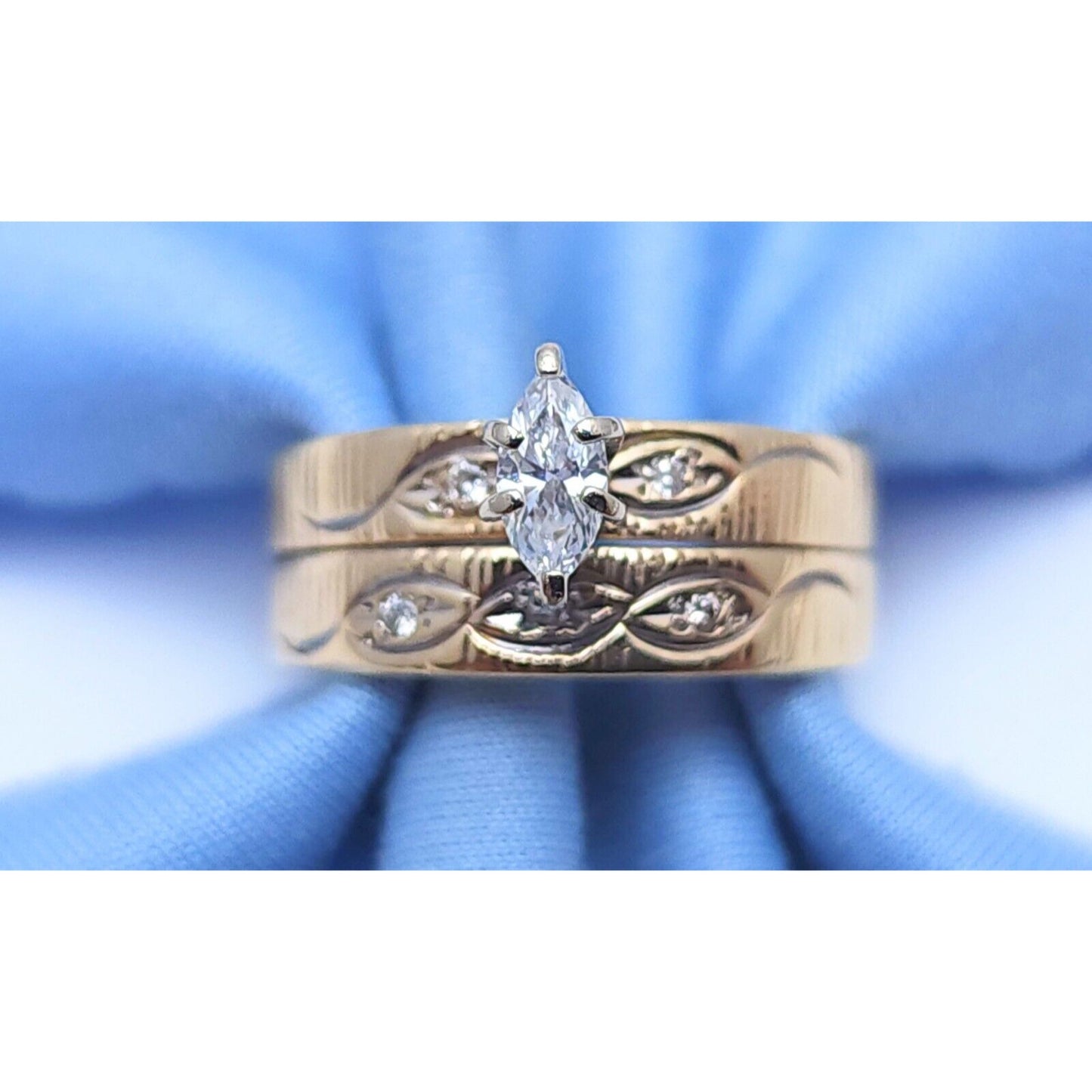 14K Yellow Gold Ladies Marquise Diamond Wedding Set Ring