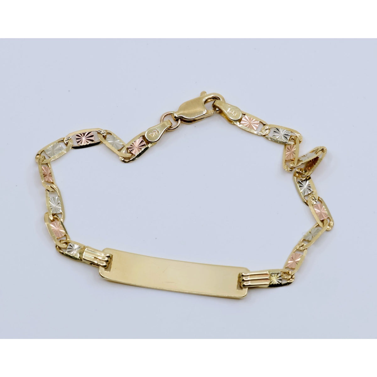 14K Tri Tone Gold Diamond Cut Valentino Link ID Bracelet