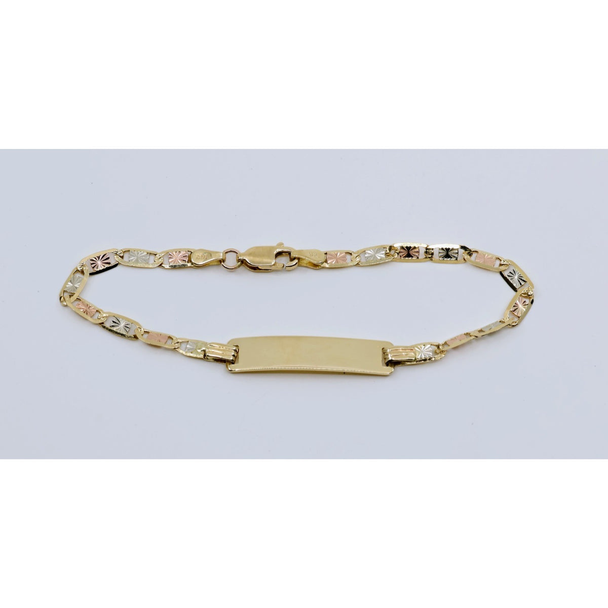 14K Tri Tone Gold Diamond Cut Valentino Link ID Bracelet