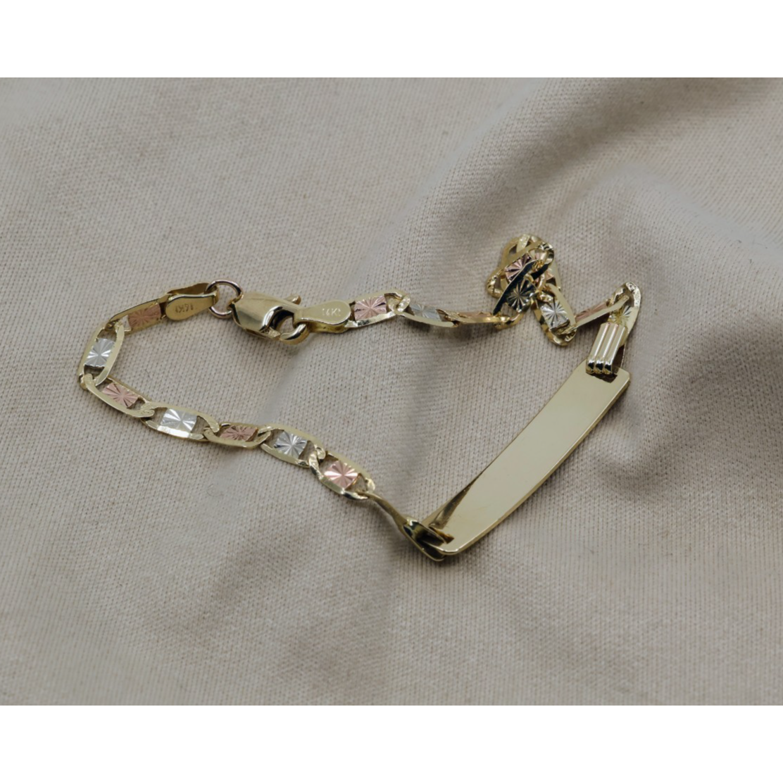 14K Tri Tone Gold Diamond Cut Valentino Link ID Bracelet