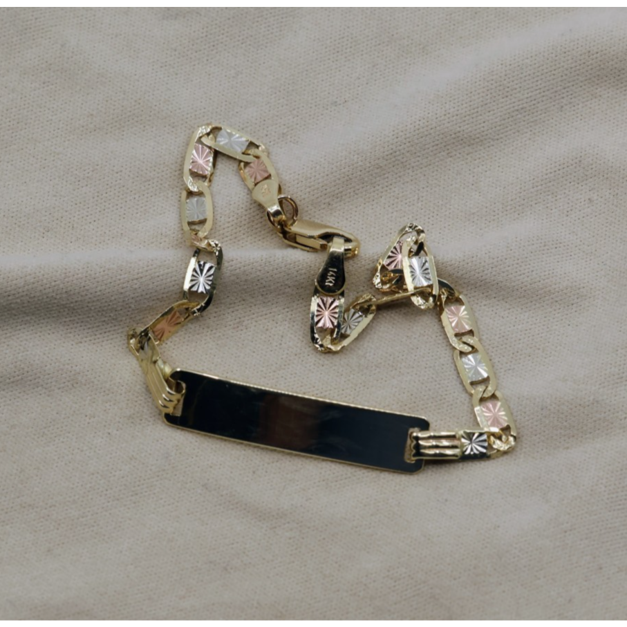 14K Tri Tone Gold Diamond Cut Valentino Link ID Bracelet