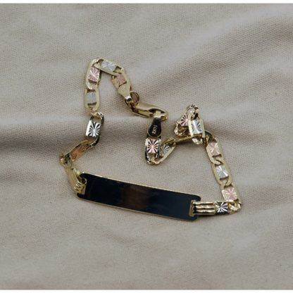 14K Tri Tone Gold Diamond Cut Valentino Link ID Bracelet