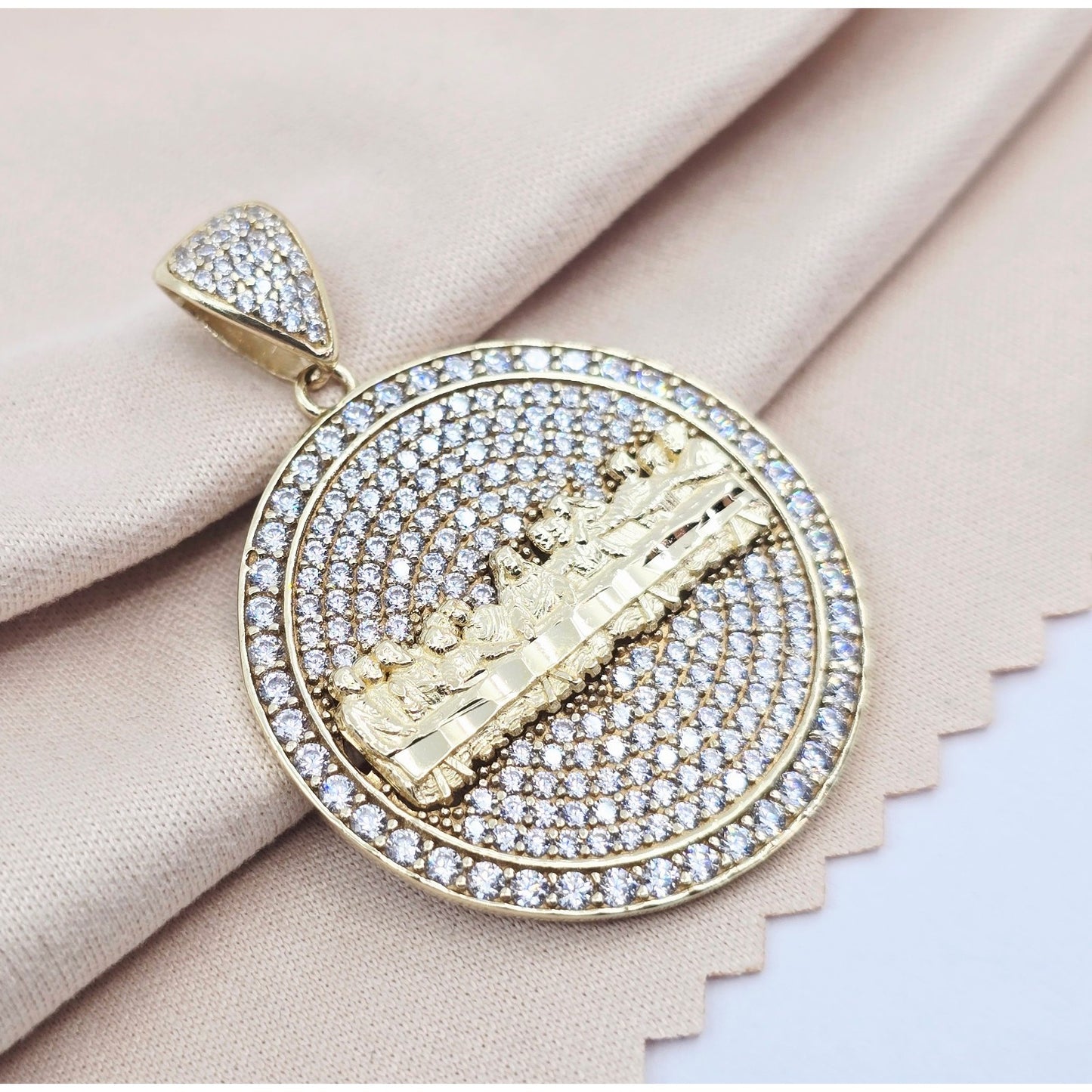 10K Yellow Gold The Last Supper Round CZ Charm Pendant