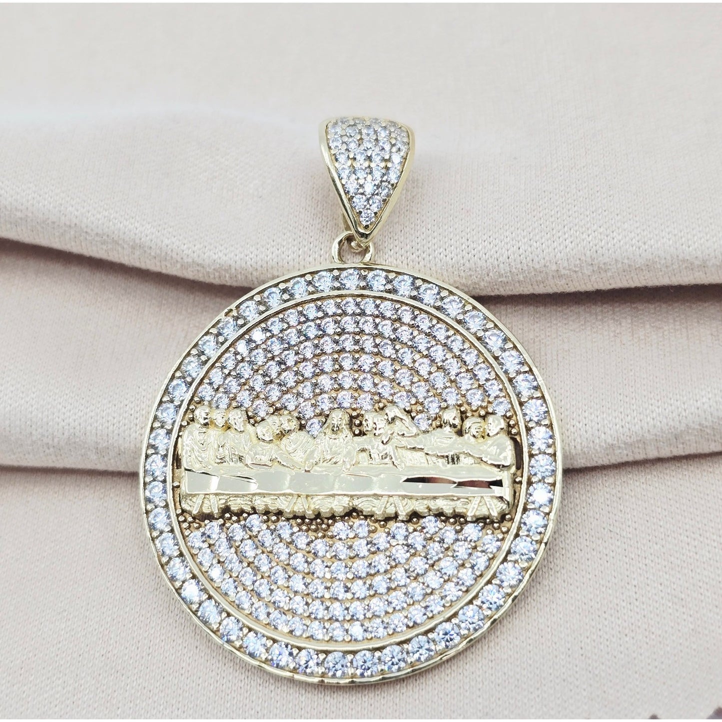 10K Yellow Gold The Last Supper Round CZ Charm Pendant