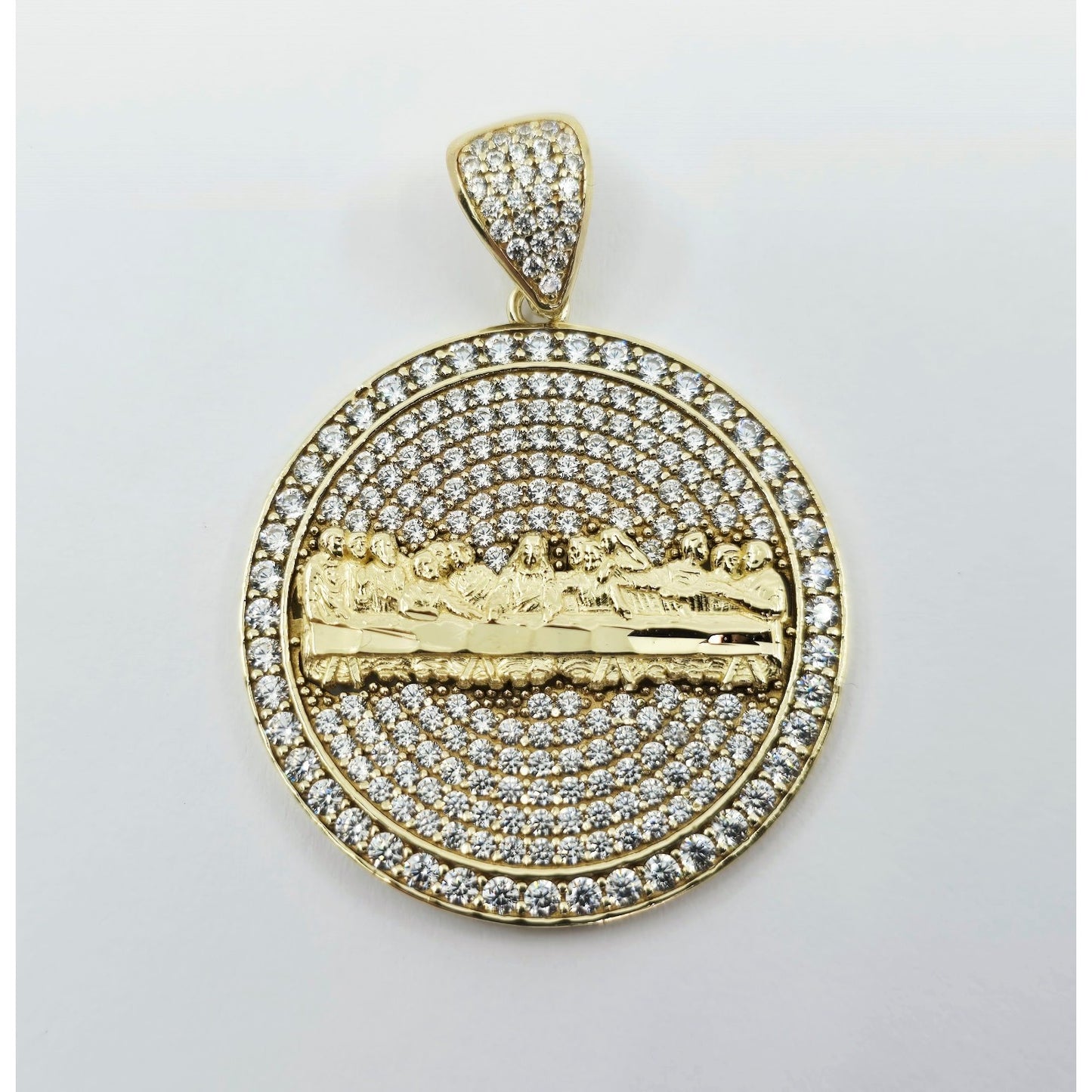 10K Yellow Gold The Last Supper Round CZ Charm Pendant
