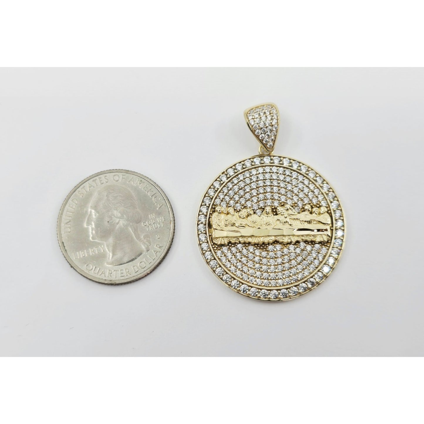 10K Yellow Gold The Last Supper Round CZ Charm Pendant