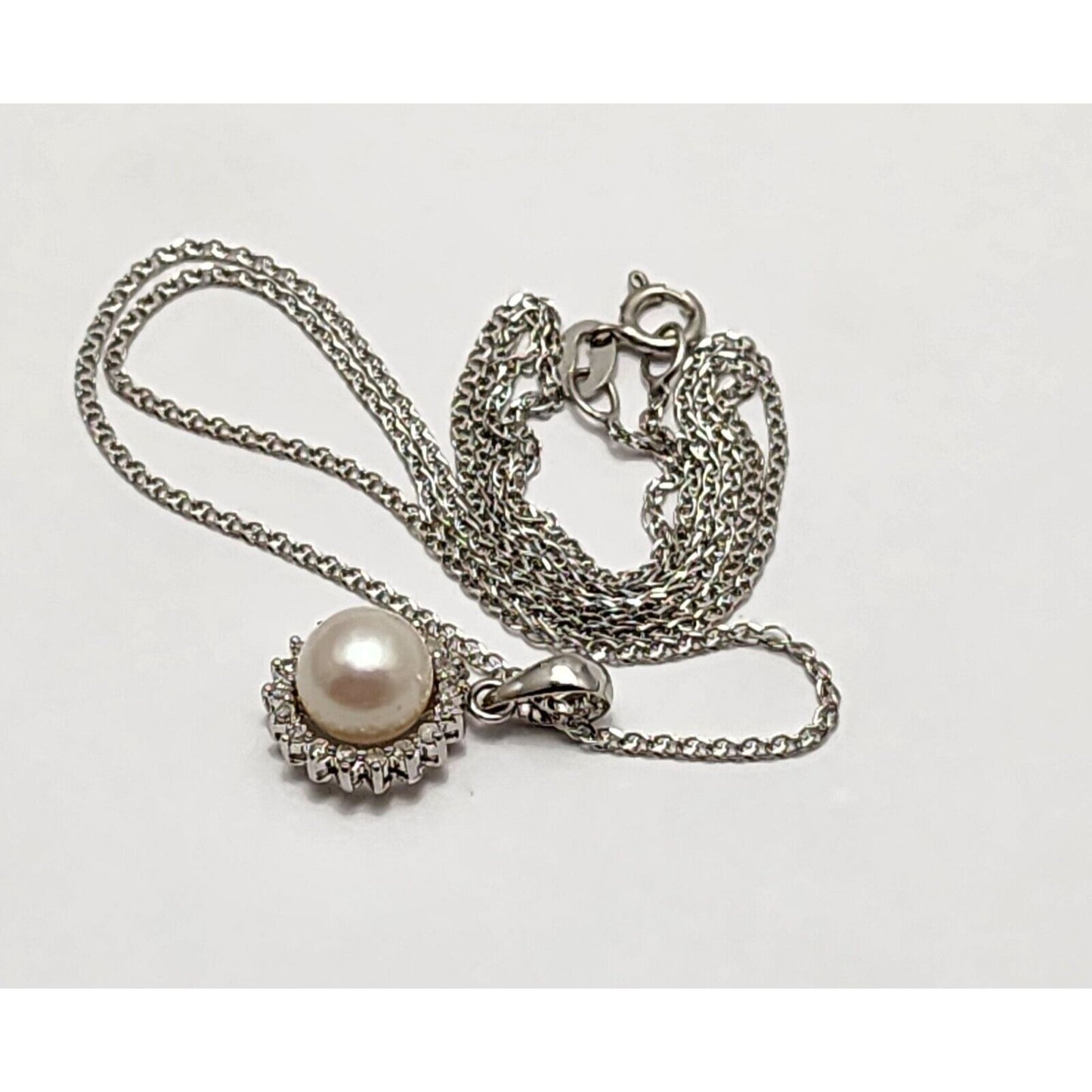 14K White Gold Pearl & Diamond Charm Pendant Link Chain Necklace