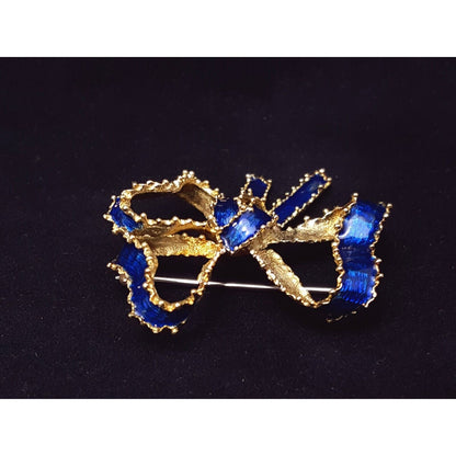 Vintage Victorian Tiffany & Co 18K Solid Yellow Gold Blue Enamel Bow Brooch Pin