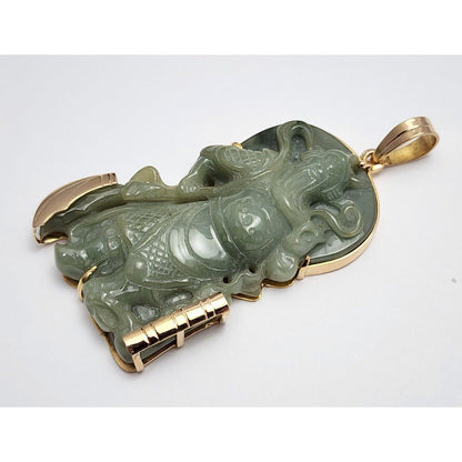 Large 14K Yellow Gold Green Jadeite Jade Guan Yu Guan Gong Carved Charm Pendant