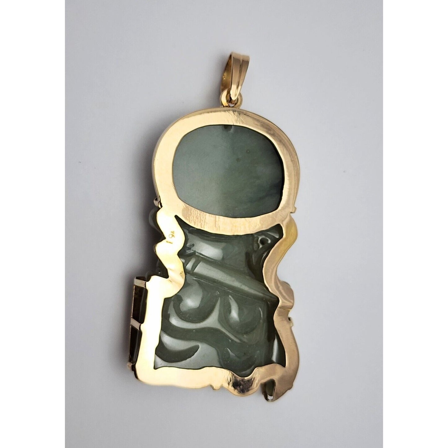 Large 14K Yellow Gold Green Jadeite Jade Guan Yu Guan Gong Carved Charm Pendant