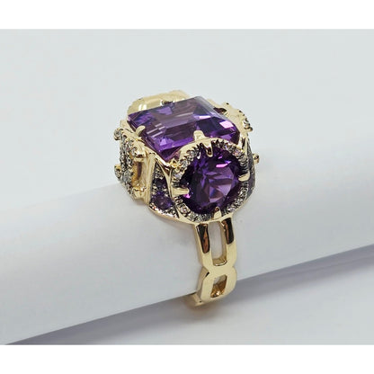 14K Yellow Gold Amethyst & Diamond Chanel Ring