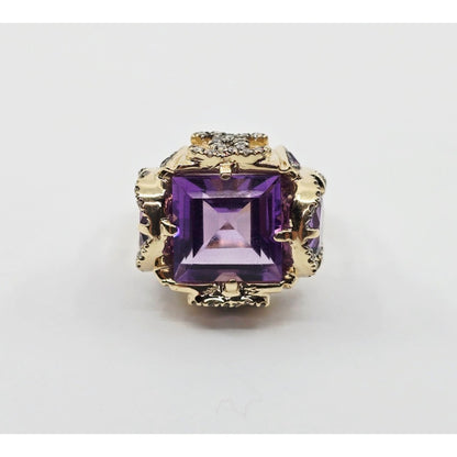 14K Yellow Gold Amethyst & Diamond Chanel Ring