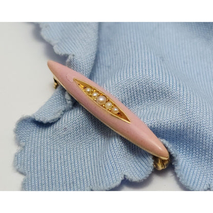 Vintage 14K Yellow Gold Pearls & Rose Enamel Brooch Pin