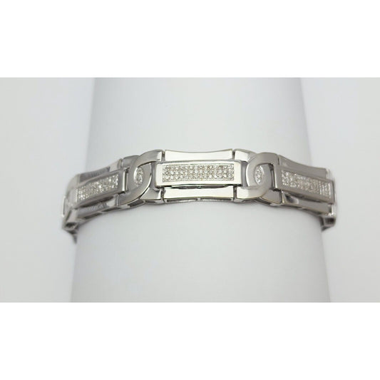 14K Solid White Gold Men's Polished Diamond Link Bracelet