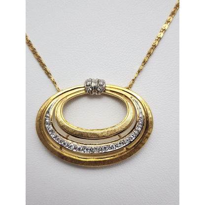 Vintage 18K Two Tone Gold Diamond Oval Pendant Link Chain Necklace