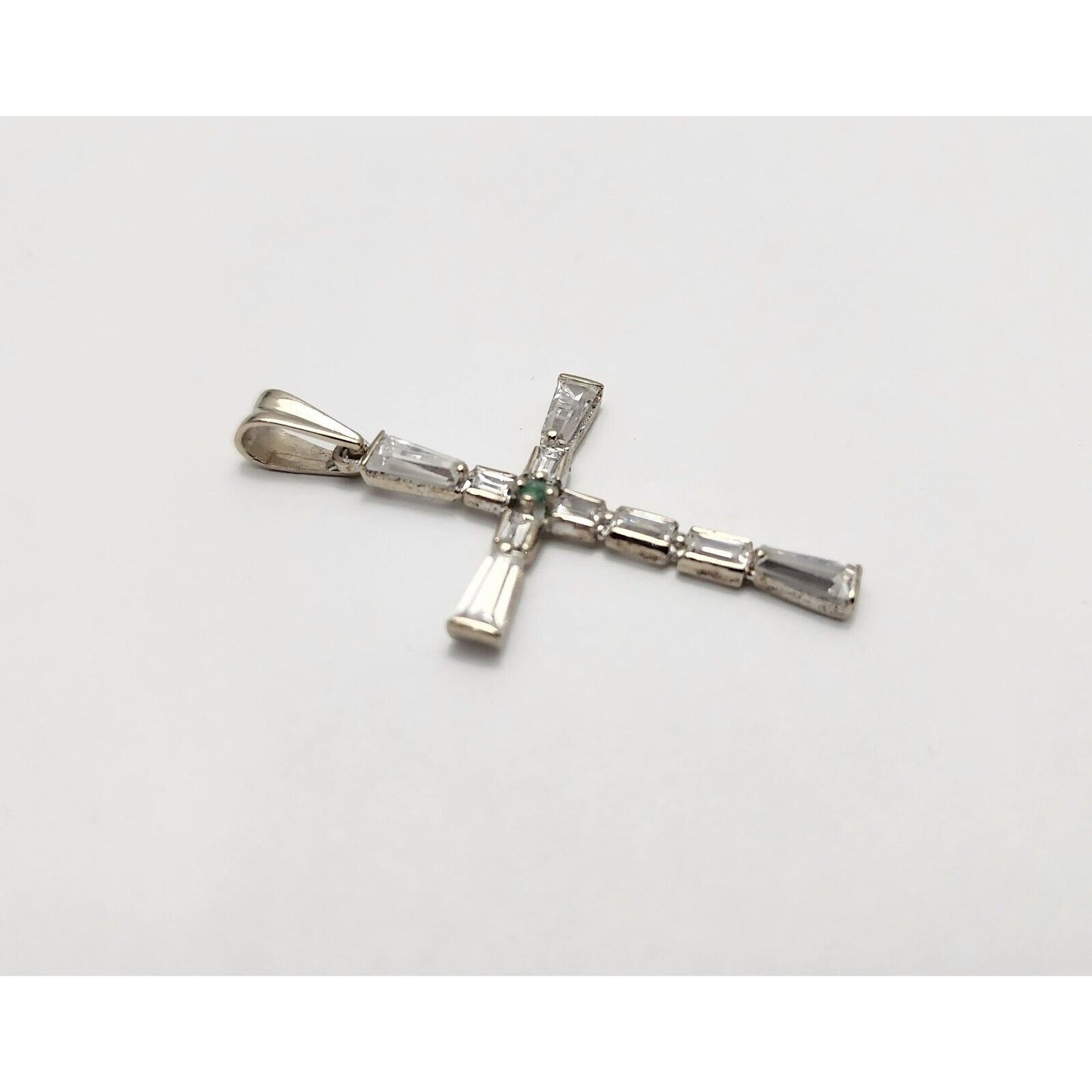 14K White Gold Religious Emerald & CZ Cross Pendant