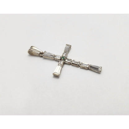 14K White Gold Religious Emerald & CZ Cross Pendant