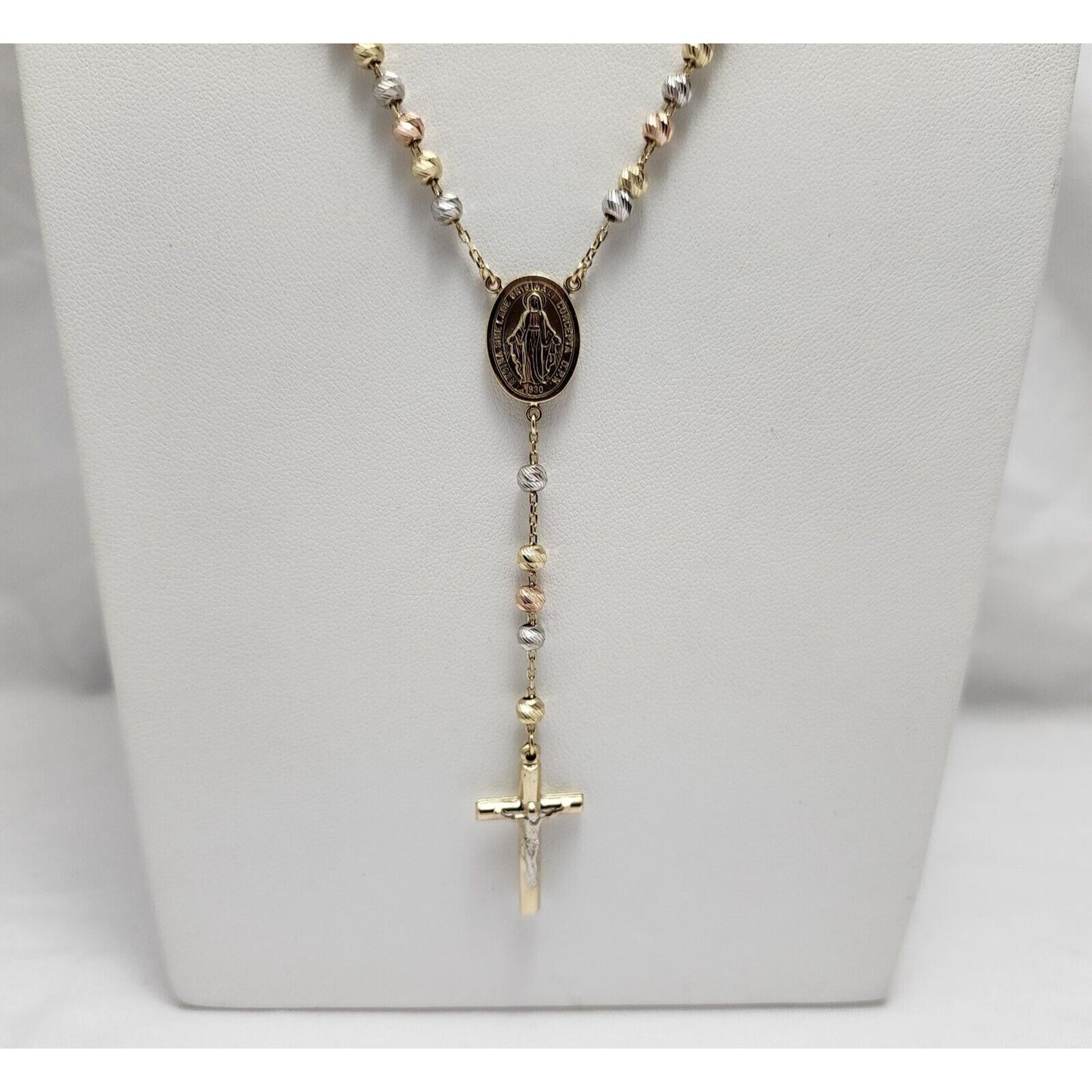 14K Tri Tone Gold Bead Ball Rosary Cross Link Chain Necklace