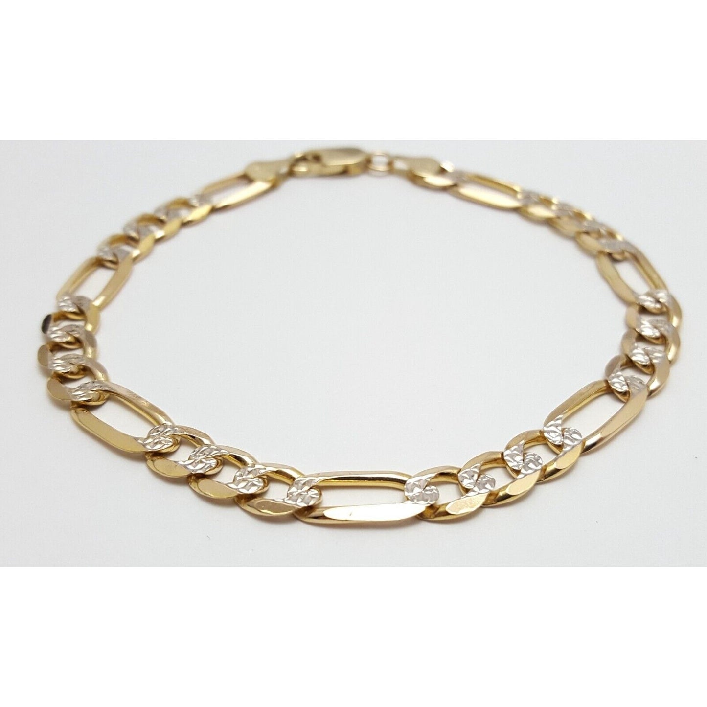 14K Solid Multi Tone Gold Diamond Cut Figaro Link Bracelet