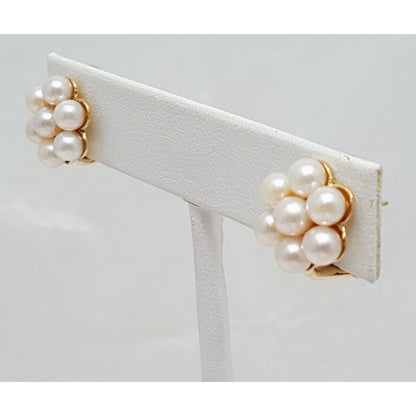 14K Yellow Gold Flower Pearl French Clip Earrings