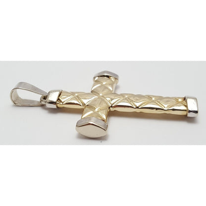 14K Solid Two Tone  Gold Puffy Cross Charm Pendant