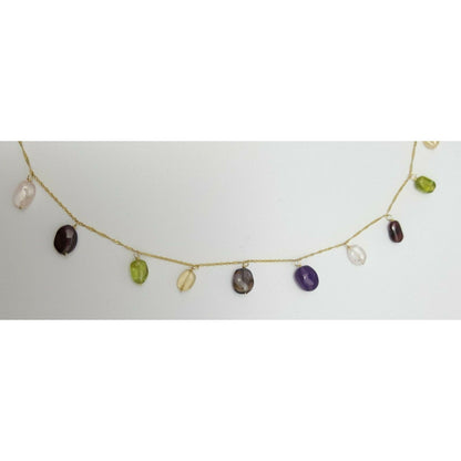 18K Yellow Gold Multi Colored Gemstones Garnet Peridot Amethyst Chain Necklace