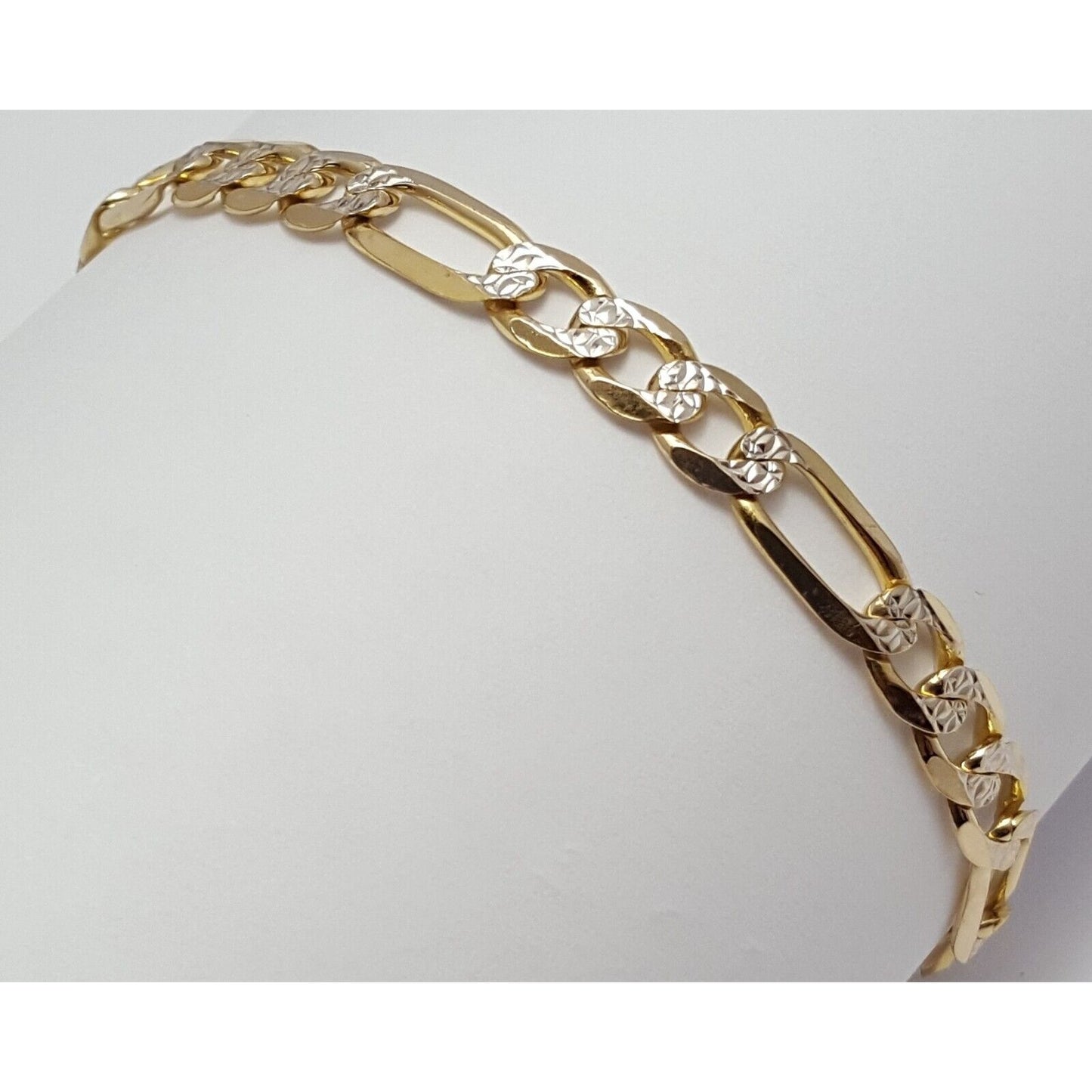 14K Solid Multi Tone Gold Diamond Cut Figaro Link Bracelet