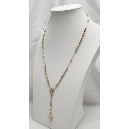 14K Tri Tone Gold Bead Ball Rosary Cross Link Chain Necklace