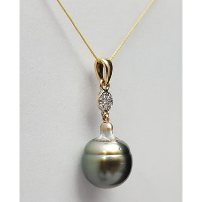 14K Solid Yellow Gold Drop Dangle Tahitian Pearl & Diamond Charm Pendant