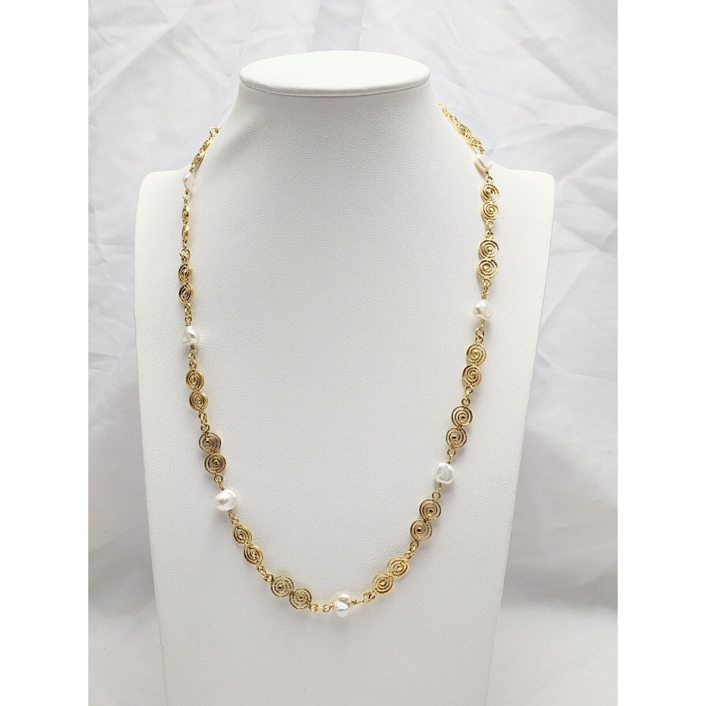 Vintage 18K Yellow Gold Filigree Pearl Link Chain Necklace