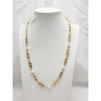 Vintage 18K Yellow Gold Filigree Pearl Link Chain Necklace