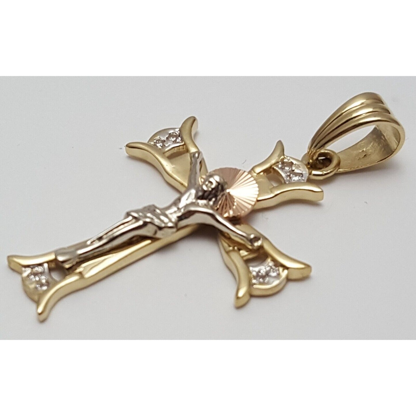 14K Solid Two Tone Gold Jesus on Cross Cubic Zirconia Charm Pendant