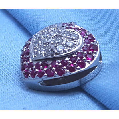 18K Solid White Gold Diamond & Ruby Puffy Heart Charm Pendant