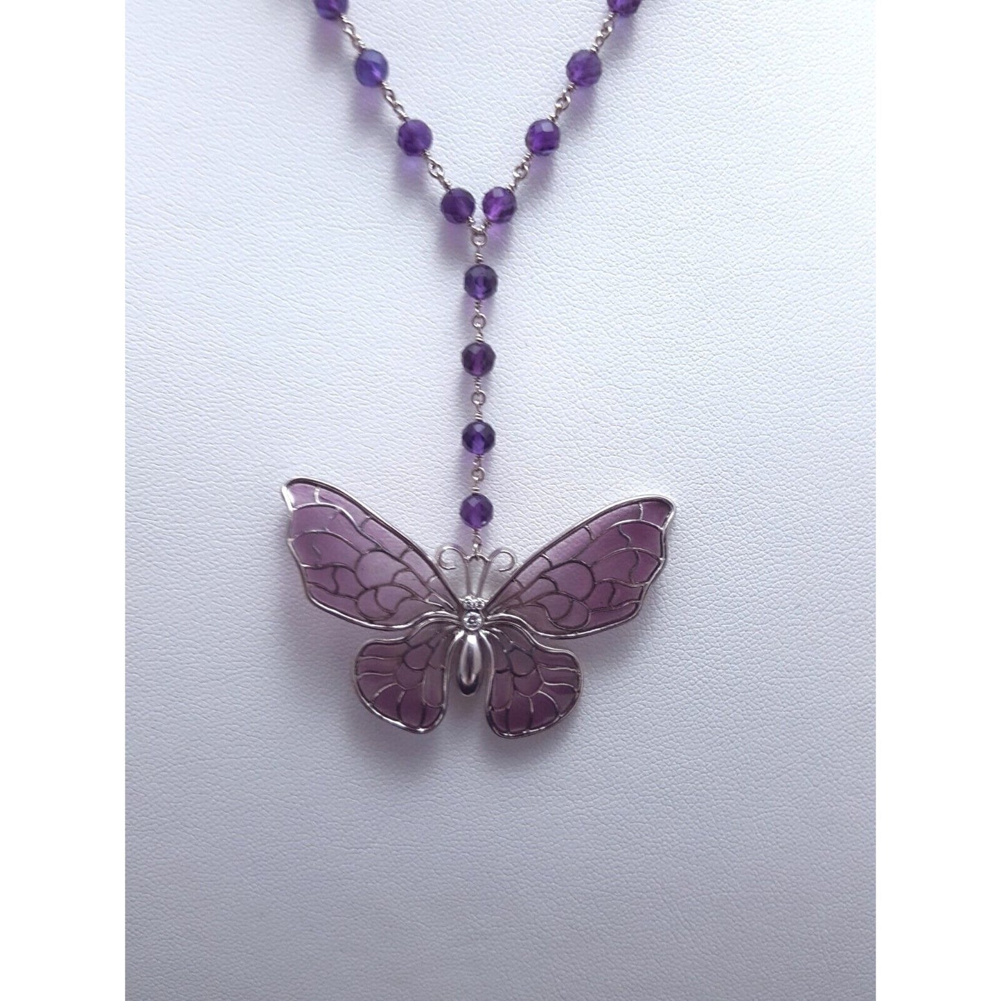 Tiffany & Co 18K White Gold Amethyst Diamond Enamel Butterfly Pendant Necklace