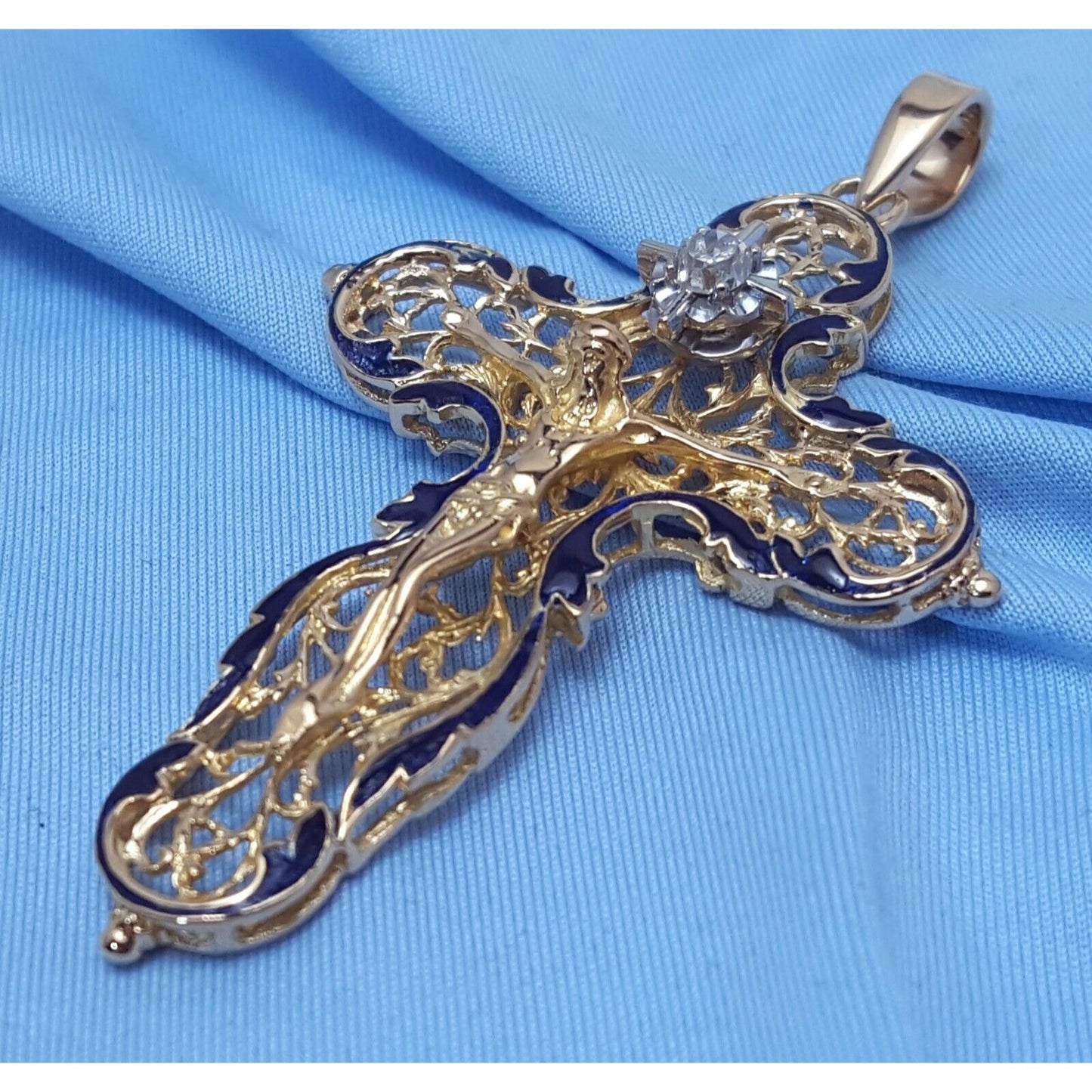 18K Solid Yellow Gold Religious Jesus Cross Diamond Enamel Charm Pendant