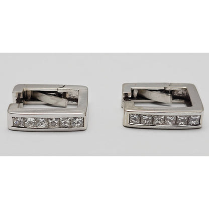 14K White Gold Diamond Square Box Hinged Hoop Earrings