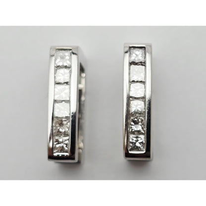 14K White Gold Diamond Square Box Hinged Hoop Earrings