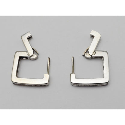 14K White Gold Diamond Square Box Hinged Hoop Earrings