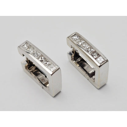 14K White Gold Diamond Square Box Hinged Hoop Earrings